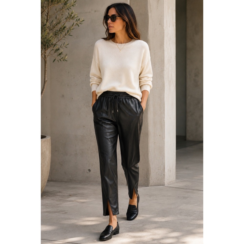 Theory Slit Pull‎ On Paper Faux Leather Drawstring Pants Black 12